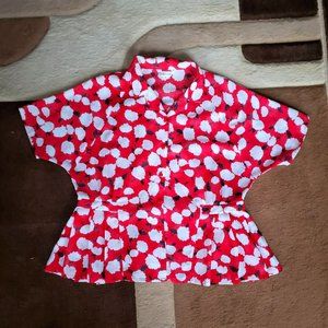 Vintage100% Linen Red White Black Floral Short Sleeve Button Up Dress Sh…